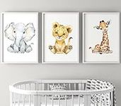 Safari Animals Set of 3 Baby Girl or Boy Nursery Unframed Prints, Bedroom Decor Wall Art Posters, Elephant Lion Giraffe (A4)