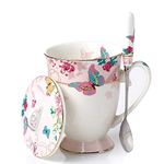 Eplze YBK Tech Euro Style Porcelain Tea Cup Coffee Mug with Lid for Breakfast Home Kitchen ((Butterflies Pattern) (Pink))