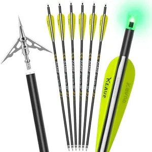 KEAUP 20 inch Carbon Crossbow Bolts with Crossbow Broadheads and Lighted Nocks, 6 Pack Hunting Carbon Crossbow Arrows for Archery Practice and Hunting (Yellow)