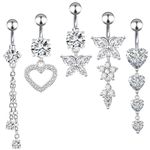 HEQU 5Pcs 14G Belly Button Rings Stainless Steel Belly Button Piercing Dangling Belly Piercing Jewelry Belly Rings Navel Piercing Jewelry for Girls Women Heart Round Butterfly