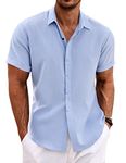 COOFANDY Men's Linen Shirts Short Sleeve Casual Shirts Button Down Shirt for Men Beach Summer Wedding Shirt, Clear Blue, Large