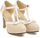 ForeMode Fashion Women T-Strap High Heels Bow Platform Round Toe Pumps Leather Summer Lolita Sweet Shoes (7.5, Khaki)