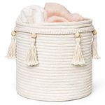 Mkono Boho Room Decor Cotton Rope Basket, Cute Woven Tassel Closet Storage, Macrame Decorative for Bedroom, Nursery, Bathroom, Baby Woven Storage Basket for Toys,Magazines, Diapers, Keys,11x11 inches