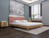 SABTA Craft Solid Teak Wood Low Height Queen Size Bed Without Storage | Sagwan Wood Double Bed | Wooden Low Floor/Lying/Rise/Level/Profile Cot with Cushioned Headboard | Teak Finish & Rosedust Cushion