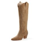 iiimmu Cowgirl Boots Women Knee High Boots Pointed Toe and Block Heel Cowboy Suede Boots with Embroidered, Light Brown, 12