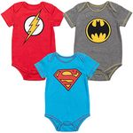 DC Comics Justice League The Flash Superman Batman Baby 3 Pack Bodysuits Newborn to Infant, The Flash, Superman, Batman Logos, 3-6 Months