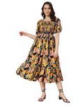 KZULLY Women's Crepe A-Line Midi Dress (1001-Yellow-Peach-Flower-XL_Yellow