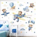 decalmile Airplane with Animals Wall Stickers Hot Air Balloon Bear Clouds Wall Decals Baby Nursery Kids Boys Bedroom Living Room Wall Decor