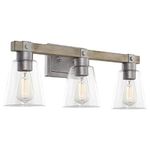 Kira Home Asher 23" 3-Light Farmhouse Vanity/Bathroom Light + Conic Glass Shades, Bleached Oak Wood Style + Galvanized Steel Finish