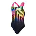 Speedo Junior Girl's Digital Placement Splashback Swimsuit | Chlorine Resistant | Printed Design | Swimming Lessons, Black/Lemon Drizzle/Flare Pink/True Cobalt/Harlequin Green, 9-10 Years