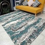 Teal Blue Abstract Shaggy Small Area Rug Striped Pattern Thick Soft Lounge Bedroom Hall Living Room Rugs 80cm x 150cm