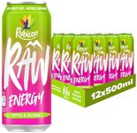 Rubicon RAW 12 Pack Apple & Guava 500ml Energy Drink, 20% Real Fruit Juice, High caffeine with B-Vitamins, Ginseng & Guarana, No Artificial Colours or Flavours, Reduce Tiredness & Boost Energy