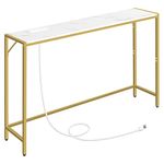 MAHANCRIS Console Table, 110 cm Narrow Entryway Table, Sofa Table with Power Station, Behind Couch Table, Simple Style, for Living Room, Hallway, Entryway, Foyer, Marble and Gold CTJM112E01