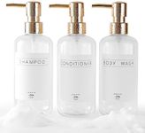 Janxin Shampoo and Conditioner Dispenser Set of 3,Modern Refillable 16oz Shampoo and Conditioner Bottles with Pump,Stylish Shower Soap Dispenser with Waterproof Labels for Bathroom(Clear)