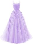 petyoo Tulle Lace Appliques Prom Dresses Long Ball Gown for Women Spaghetti Straps Corset Backless Evening Dress, Lilac, 4