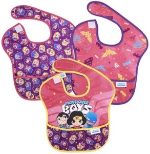 Bumkins SuperBib, babero para bebé, tela impermeable, se adapta a bebés y niños pequeños de 6 a 24 meses, DC Comics Super Friends Move Over (paquete de 3)