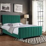 The Bed Place Panel Line Upholstered Double Bed frame with Headboard and Foot board - Double Bed 4FT6 - Wooden Bed Frame Double Bed - Green Plush Velvet