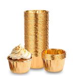 100 Pcs Cupcake Cases, Cake Muffin Liners, Greaseproof Foil Baking Cups Paper Wrappers, Foil Metallic Cupcake Paper Cups Household Oven Birthday Wedding Party Muffins Pastry Molds (Gold)