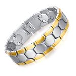 JFUME Magnetic Bracelets for Men 18K Gold Plated with Silver Double Row Magnets with Link Remove Tool 8.5" Adjustable