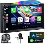 Double Din Car Stereo with CD DVD, Backup Camera Supports CarPlay/Android Auto, 7 inch Touchscreen Car Radio Bluetooth 5.2, AM/FM Radio Receiver Head Unit with Mirror Link, SWC, Subwoofer, USB/TF/AUX