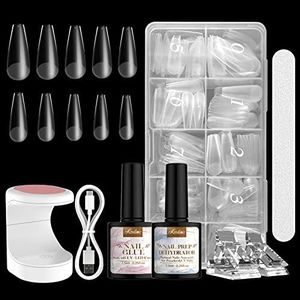 Kredioo Gel x Nail Kit Glue and False Tips Easy Extension with UV Nail Lamp, Glue Gel, 500PCS Coffin Nails, Dehydrator Easy DIY Starter Set