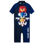 SONIC THE HEDGEHOG Boys Swimming Costume Summer Holiday Essentials for Kids Childrens Swimwear 3-10 Years Short Sleeve Full Body Swimsuit with Zip Beach Pool (Dark Blue, 9-10 Years)