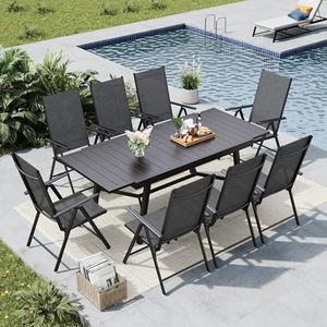 MFSTUDIO 9 Pieces Patio Dining Set with 8 Black Sling Folding Dining Chair and 1 Expandable Heavy-Duty Metal Dining Table, Outdoor Table and Chairs Furniture Set