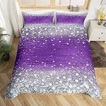 Feelyou Glitter Print (No Glitter) Diamond Bling Shiny Bedding Set Gradient Purple Silver Comforter Cover for Girls Duvet Cover Bedspread Cover Quilt Cover Queen Size