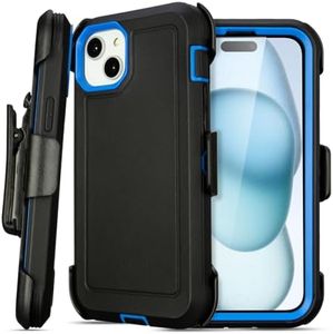 Yowtrey for iPhone 16 Plus Case with Clip Belt Holster, Heavy Duty Military Grade Drop Case for iPhone 16 Plus Cover 6.7"(Black+Blue)