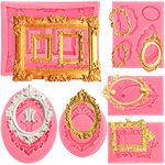 Elsjoy 6 Pieces Picture Frame Silicone Fondant Molds, Pink Cake Mold Vintage Photo Frame Fondant Mold for Cake Decorating, Sugar, Chocolate, Butter, Baroque Style