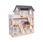 Wooden Play Doll House With Accessories & Furniture Role Play Doll House 4 Designs Christmas, Birthday Girls Gift (Design 3)