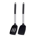 Carrot - Pack of 2 Silicone Solid Spatula Turner,Non Stick Slotted Kitchen Spatulas,High Heat Resistant BPA Free Cooking Utensils,Ideal Cookware for Fish,Eggs,Pancakes (Black)