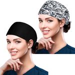 Fesciory Adjustable Working Caps with Button & Sweatband, Elastic Bandage Tie Back Hats for Women, 2 Pack:black+grey Leaf, 8