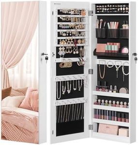 SONGMICS Jewelry Cabinet Armoire, Lockable Wall-Mounted Organizer Unit with 2 Plastic Cosmetic Storage Trays, Full-Length Frameless Mirror, Christmas Gifts, White UJJC001W01
