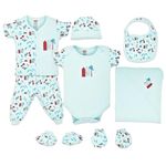 LuvLap Newborn Baby Garment Gift Set, Pack of 8, Pastel Green All over Print, short-sleeve Jhabla, Pyjama,half-sleeve onesie, Cotton Bib, Cap, a pair of Booties, a pair of Mittens & 1 Hooded towel