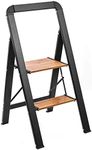 2 Step Ladder Folding Step Stool, 2023 Upgraded Lightweight Aluminum 2-Feet Step Ladder Stool with Handle, Classic Wood Look without Wood Rot Worry Step Ladders Black