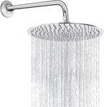 Rain Shower Head, 12 Inch Round High Pressure Showerhead with 16 Inch Extension Arm, VIGIME Ultra-Thin Stainless Steel 304 High Flow Rainfall Shower Head with Silicone Nozzle - Chrome
