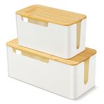 CRROEL Set of 2 Cable Tidy Box for Cable and Cord Management, Cable Management Box, Cable Organisers with Bamboo Lid for Hiding Electric Wire Cord, Power Strip and Extension Lead