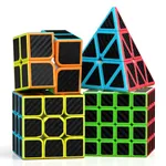 ROXENDA Speed Cube Set, 2X2 3X3 4X4 Pyramid Cube Stickerless Fast Cube with Instruction [4 Pack] (Carbon Fiber Cube Set)