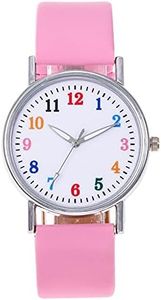 Simple Color Digital Dial Watch for Girl, Cute Student Leather Quartz Analog Wrist Watch, Fashion Watch Gift for Women, Girl and Daughter, Pink, One Size,