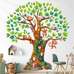 DECOWALL DL4-2303 X-Large Giant Tree kids Wall Sticker (56x62 inch) wall decals nusery décor woodland girls room baby boys plant forest home nature green roommates leaf animals monkey colorful