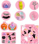 GROBRO7 9Pcs Halloween Cake Silicone Fondant Molds Pumpkins Ghost Skulls Witch Spider Owl Bat Branches Shaped Desserts Mold Set for Baking Chocolate Candy Sugar Halloween Theme Party Cupcake Decor