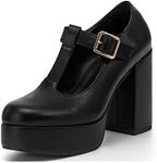 Coutgo Women's T-Strap Round Toe Platform Heels Chunky Heel Patent Mary Jane Dress Shoes, Black, 9.5