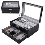 Styleys 12 Slot Pu Leather Lockable Watch Storage Boxes, Men & Women Jewelry Display Drawer Case, 2-Tier Organizer Watch Showcase With Glass Lid (W79B), Black