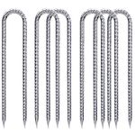 Rebar-Stakes-12-Inch-Galvanized, U Hook Rebar Stakes 6 Pack Ground Anchors Tent Stakes Heavy Duty for Plants Anti-Rust Landscape Fabric Stakes Artificial Turf