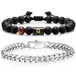 VNOX Bracelets Set Gifts for Men - 2 PCS Letter Initials Bracelets Natural Black Tiger Eye Stone Beads with Stainless Steel Chain Bracelet Christmas Birthday Jewelry Gift for Men Boyfriend Dad, 7.5,