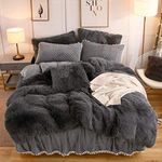 LIFEREVO Luxury Plush Shaggy Duvet Cover Set, Soft Velvet Fluffy Furry Duvet Cover Set(1 Faux Fur Fuzzy Comforter Cover+2 Pom Poms Pillowcases)Solid Bedding Set, Zipper Closure(Full/Queen, Dark Gray)