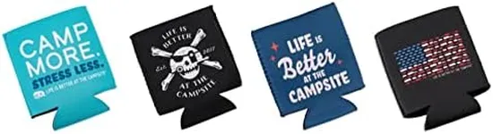 Camco Life is Better at The Campsite Cozie Can Cooler | Features a Soft Neoprene Material, Unique RV-Themed Designs, and is Ideal for RVs, Campers, Travel Trailers, Boats, and More | 4-Pack (53418)