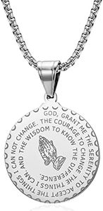 Yaumatea Serenity Prayer Necklace with Praying Hands Coin Pendant for Men Women Lords Prayer Bible Verse Courage Wisdom Stainless Steel (Silver)