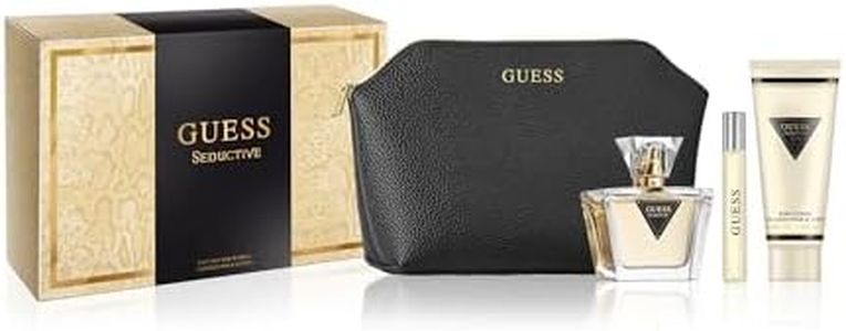 GUESS Seductive Women/Femme Eau de Toilette 4 Piece Gift Set - Perfume Spray 2.5 Fl. Oz. Travel Spray 0.5 Fl. Oz., Body Lotion 3.4 Fl. Oz., & Pouch